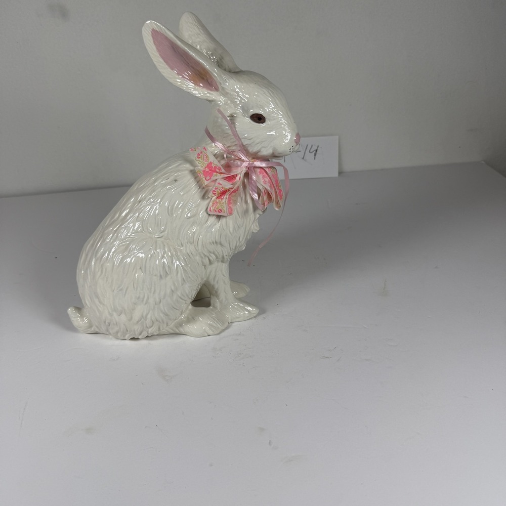 Ceramic Easter Bunny Figurine White with Pink Floral Ribbon F-14